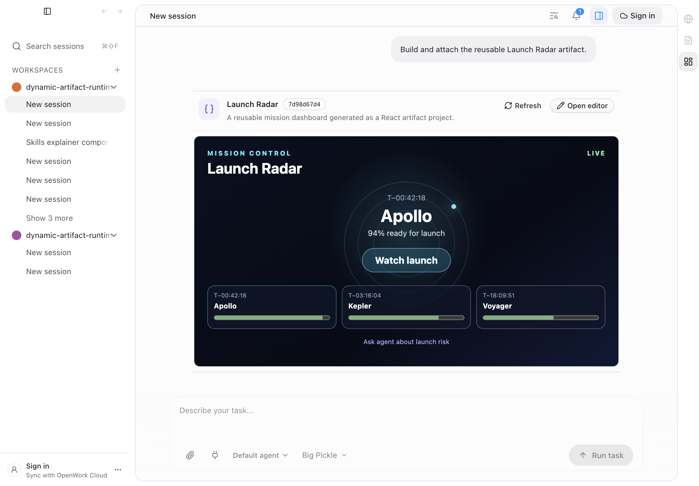 A deterministic code-mode project is built and attached as a live React artifact in chat
