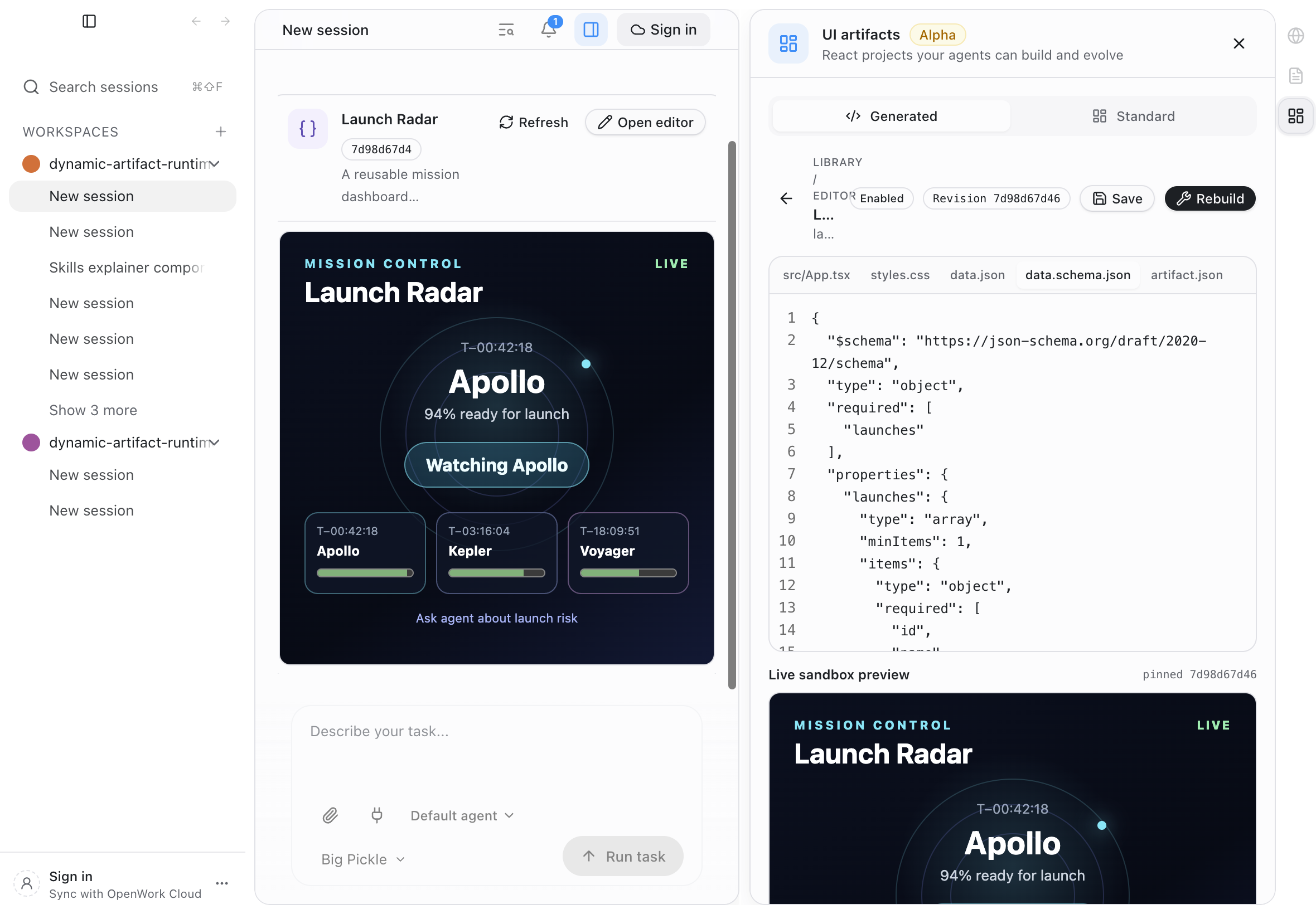 The editor keeps React source, its data contract, immutable revision, and live preview together