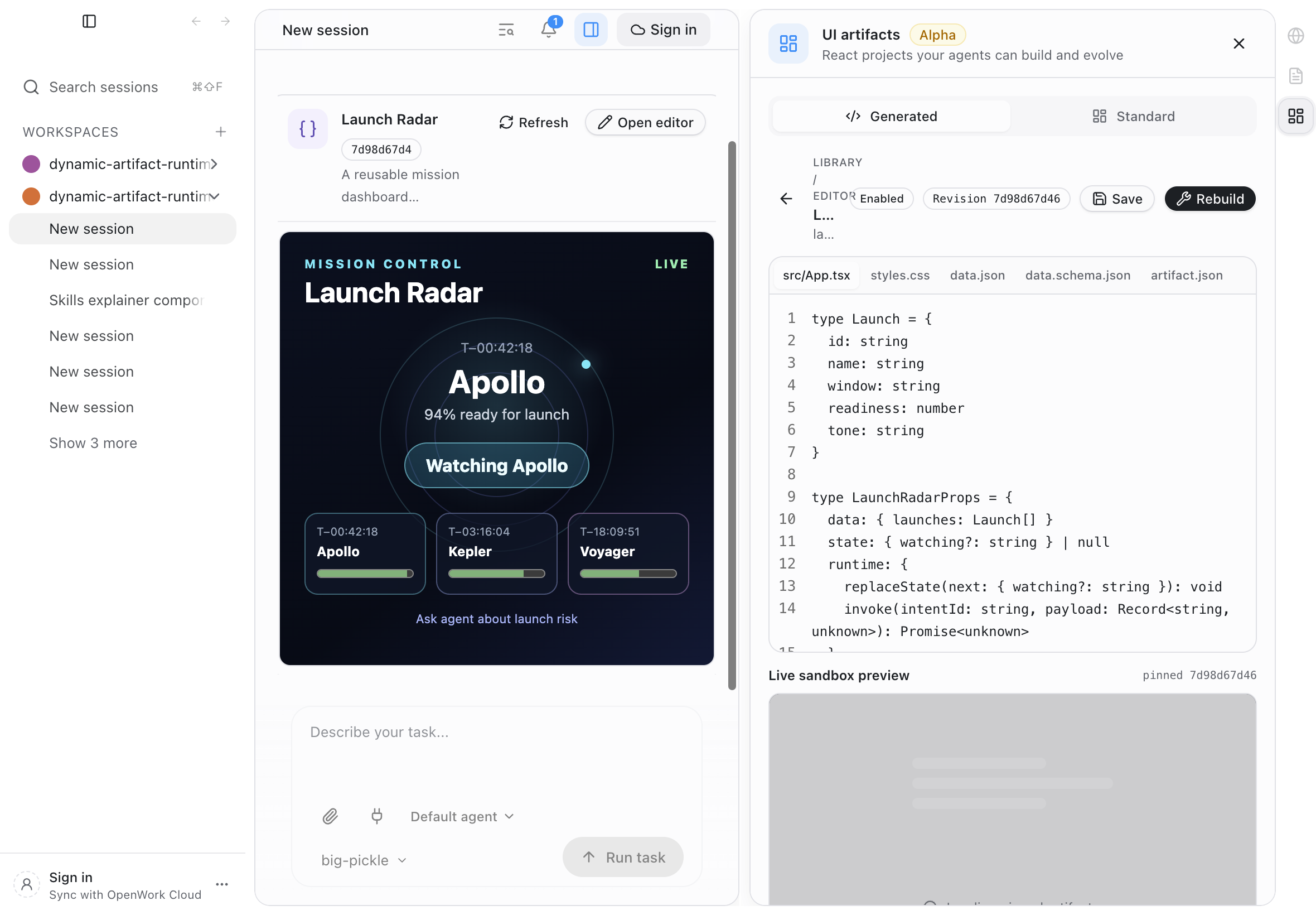 Reloading preserves the pinned build and local state, and the project reopens from the Artifacts library